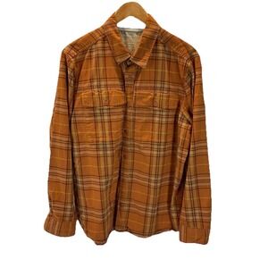 REI Co-op Mens LG Flannel Shirt Orange Plaid double pocket Outdoor Hiking Casual